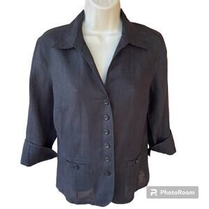 Talbots Irish Linen Button Front V Neck Jacket Blazer 3/4 Cuff Sleeves Black 6